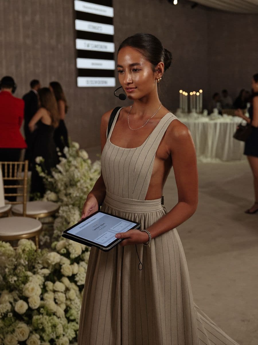 Event host checking details at a venue